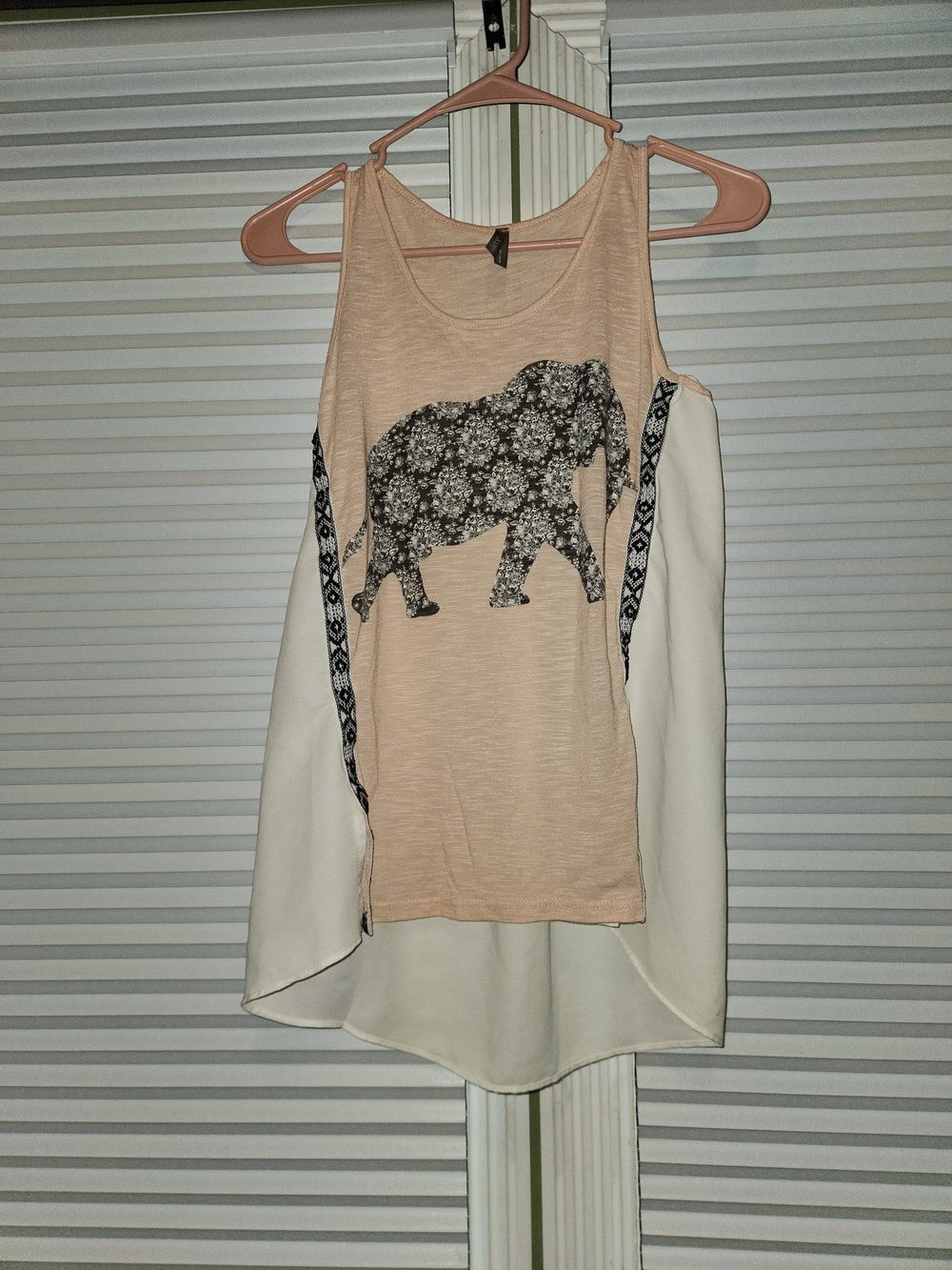 Vanity Peach Tank Top with White Draped Back and Floral Elephant